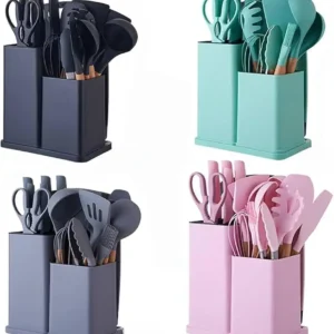 19-Piece Silicone Kitchenware Set with Knives & Storage Rack – Heat Resistant Cooking Utensils Kit