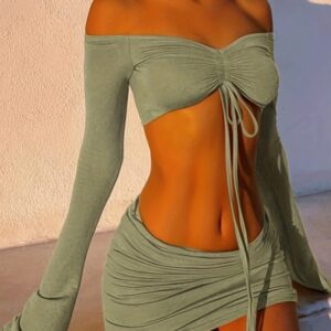 Drawstring Drop Ruched Off Shoulder Two-piece Skirt Set Y2K Long Sleeve Top & Bodycon Skirt Outfits Women's Clothing