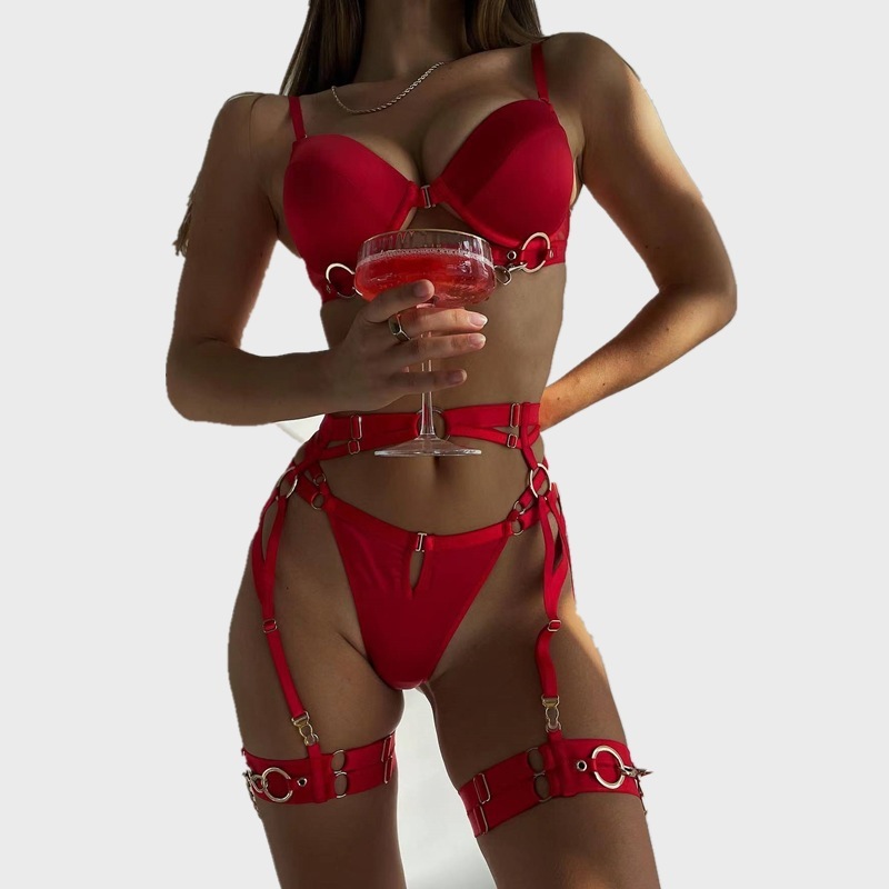 Metal Chain Solid Color Four-piece Set Front Buckle Sexy Lingerie Set - Image 3