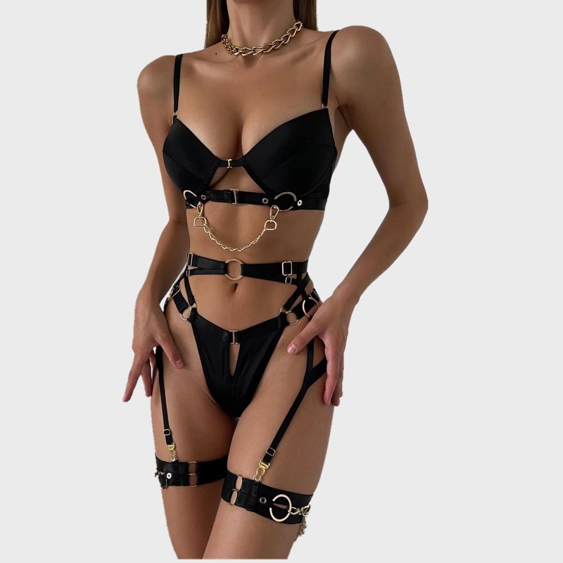 Metal Chain Solid Color Four-piece Set Front Buckle Sexy Lingerie Set - Image 8